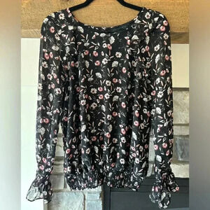 Sanctuary Blouse M Black Floral Ruffle Flounce Whimsigoth Fairy Dark Romantic